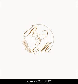 Initials RM wedding monogram logo with leaves and elegant circular lines vector graphic Stock Vector