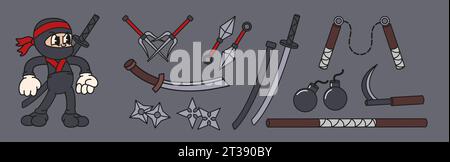 Cartoon ninja weapon. Japanese martial art equipment, katana sword, nunchucks, shuriken and sai isolated vector set of ninja and shuriken illustration Stock Vector