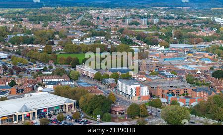 Aerial view of the busy town of Havant in Hampshire. Local shops and landmarks seen from a different angle. Busy of Havant town area October 2023. Stock Photo