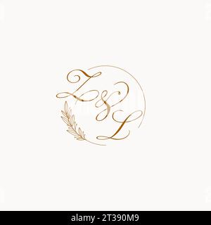 Initials ZL wedding monogram logo with leaves and elegant circular lines vector graphic Stock Vector