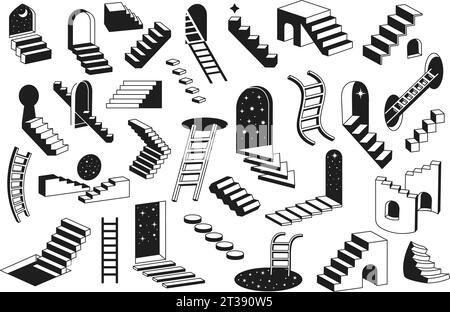 Surreal ladders. Mystery stairways, dreamy stairwells and abstract levels. Black and white flight of steps vector illustration set of surreal stairway Stock Vector