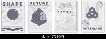 Grade símbolos 3d cartaz futuro wireframe elementos dos anos 90 neon malhas  geométricas padrões de linha y2k futuristas coração e onda cyberpunk forma  caminhos de traçado editáveis conjunto de vetores
