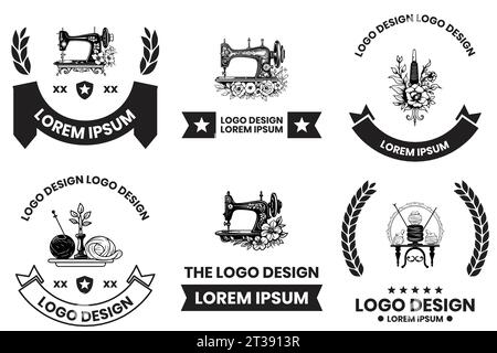 Tailoring and sewing equipment shop logo in flat line art style isolated on background Stock Vector