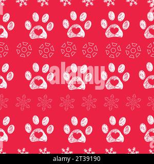 Christmas colored red background colored white paw prints and snowflakes seamless pattern Stock Vector