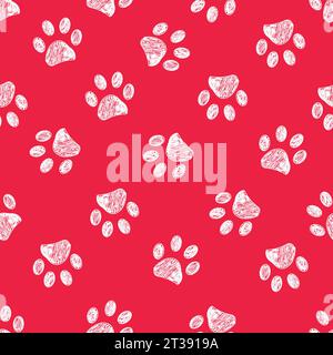 Christmas colored crimson cherry background colored white paw prints seamless pattern Stock Vector