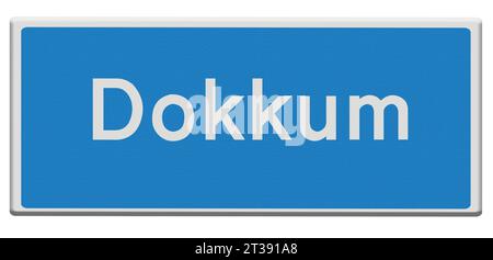 Digital composition. Road sign for the town of Dokkum in Dutch and Fries/Frisian languages. Dokkum is one of the cities on the legendary Elfstedentocht Eleven Cities tour skating race which takes participants almost 200 kilometers through the Frisian countryside. stadsnaambord, naambord, bord, Credit: Imago/Alamy Live News Stock Photo