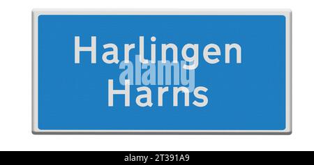 Digital composition. Road sign for the town of Harlingen/Harns in Dutch and Fries/Frisian languages. Harlingen/Harns is one of the cities on the legendary Elfstedentocht Eleven Cities tour skating race which takes participants almost 200 kilometers through the Frisian countryside. stadsnaambord, naambord, bord, Credit: Imago/Alamy Live News Stock Photo