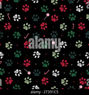 Christmas colored theme with black background paw prints and candies seamless pattern Stock Vector