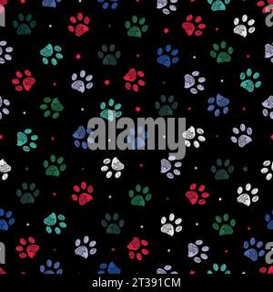 Christmas theme with black background paw prints and stars seamless pattern Stock Vector