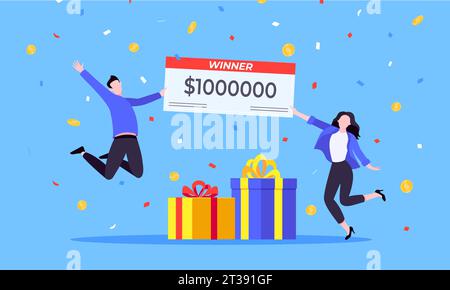 Happy lottery winners with big prize paycheck. Fortune lottery or casino gambling lucky games concept flat style design vector illustration. People ju Stock Vector