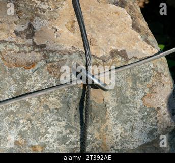 Metal fastenings to strengthen slopes - prevent landslides and destruction. Detail view. Stock Photo