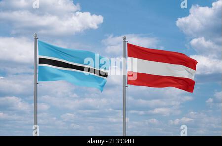 Botswana and Austria flags waving together on blue cloudy sky, two ...