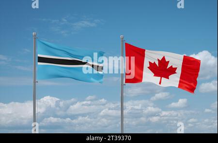 Botswana and Canada flags waving together on blue cloudy sky, two ...