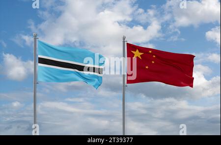 Botswana and China flags waving together on blue cloudy sky, two ...