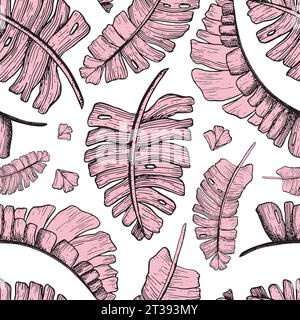 Pink tropical palm leaves vector seamless pattern with jungle plants. Hand drawn exotic nature for monstera prints Stock Vector