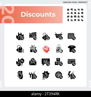 Pixel perfect glyph style discounts icons set Stock Vector