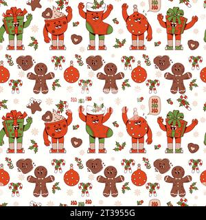 Groovy Hippie Retro Christmas festive seamless pattern with cartoon characters gifts, sock, gingerbread, Xmas ball on white background. Merry Christma Stock Vector