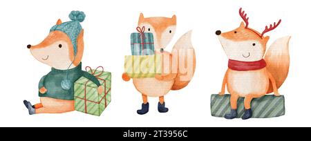 Fox with christmas costume . Watercolor paint cartoon characters . Isolated . Set 1 of 7 . Vector . Stock Vector