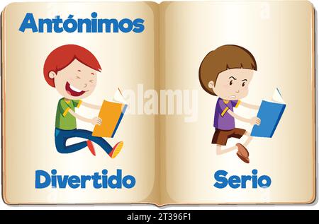 A vector cartoon illustration depicting the antonyms 'Divertido' (Funny) and 'Serio' (Serious) in Spanish Language for educational purposes Stock Vector