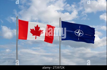 NATO and Canada flags waving together on blue cloudy sky, cooperation concept Stock Photo