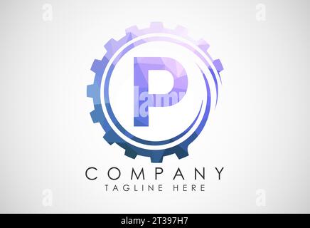 Low poly alphabet in a gear spiral. Gear engineer logo design. Polygonal logo for automotive Stock Vector