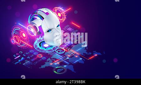 AI technology concept. Robot or chat bot head hanging over digital map of world. Artificial intelligence communication with different places on globe Stock Vector
