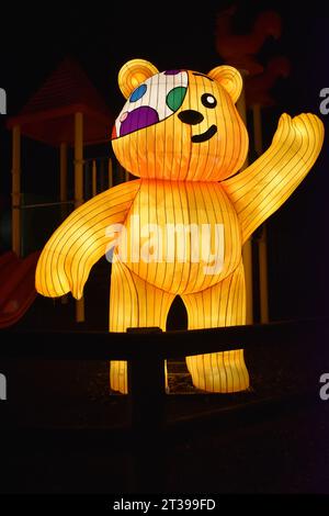 A lantern of Pudsey Bear from BBC Children in Need at Land of Lights at Gulliver's Land, Milton Keynes. Stock Photo