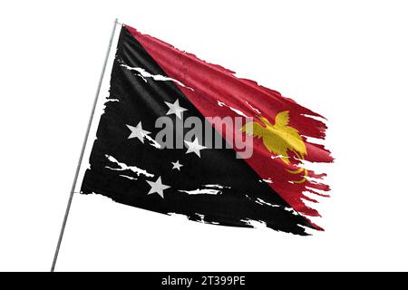 Papua New Guinea torn flag on transparent background with blood stains. Stock Photo