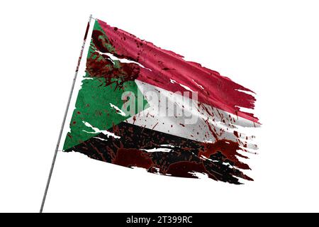 Sudan torn flag on transparent background with blood stains. Stock Photo