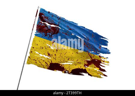 Ukraine torn flag on transparent background with blood stains. Stock Photo