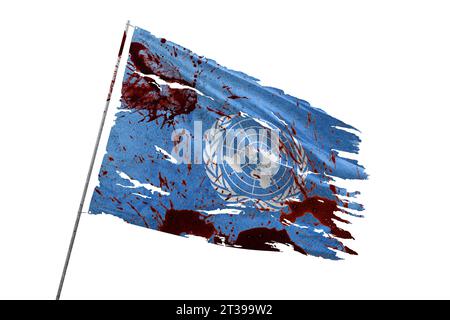 United Nations torn flag on transparent background with blood stains. Stock Photo