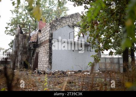 Irpin, Ukraine. 20th Oct, 2023. Plants grow around a destroyed house. The town near Kiev was partially destroyed by heavy fighting. In the meantime, reconstruction has progressed. Credit: Sebastian Gollnow/dpa/Alamy Live News Stock Photo