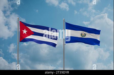 Republic of El Salvador and Cuba flags waving together in the wind on blue cloudy sky, two country relationship concept Stock Photo