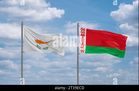 Cyprus and Belarus flags waving together on blue cloudy sky, two ...