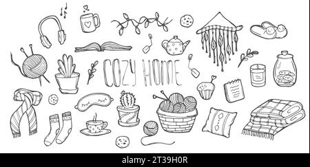 Hand drawn set of home hygge doodles. Coziness and comfortable lifestyle, cozy home. Cushion, house plant, mask for sleep, socks in sketch style. Vect Stock Vector