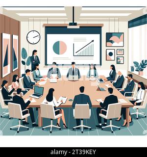 A professional boardroom setting, with a diverse group of individuals gathered for a meeting. Stock Vector