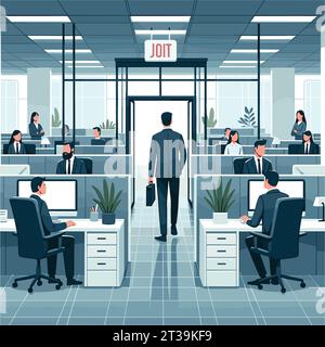 A man, prominently carrying a briefcase, stands at the entrance. The room is spacious, illuminated by ceiling lights, and adorned with potted plants. Stock Vector