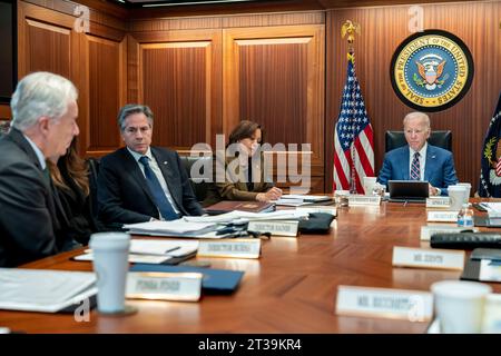 Washington, United States. 23rd Oct, 2023. U.S President Joe Biden is briefed by his national security team on the latest developments in Israel and Gaza in the Situation Room of the White House, October 23, 2023 in Washington, DC Left to right: CIA Director Bill Burns, Director of National Intelligence Avril Haines, Vice President Kamala Harris and President Joe Biden. Credit: Adam Schultz/White House Photo/Alamy Live News Stock Photo