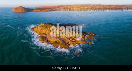 Aerial panorama of rocky Wright Island in Encounter Bay at Victor Harbour on the Fleurieu Peninsula in South Australia Stock Photo