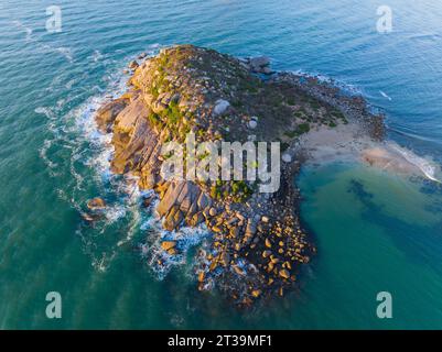 Aerial view of rocky Wright Island in Encounter Bay at Victor Harbour on the Fleurieu Peninsula in South Australia Stock Photo