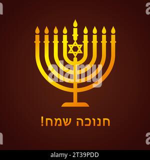 Golden menorah with magen David and Happy Hanukkah text in hebrew. Jewish festival of lights with menora candle icon. Vector illustration Stock Vector