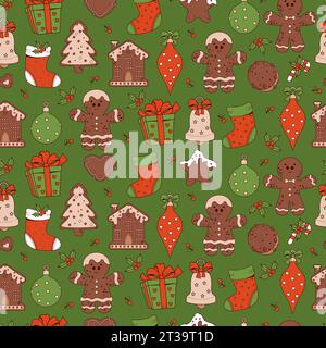 Christmas seamless pattern. Nostalgic retro cartoon gingerbread, cookies, man, tree, house, Xmas stocking gift, ball toy, bell on green background. Ve Stock Vector