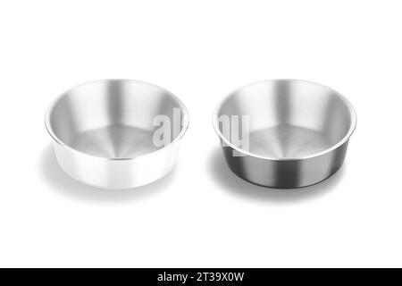 Blank black and white ceramic dog bowl with metallic mockup, 3d rendering. Empty porcelain can with chrome for hungry pets mock up, isolated, top view Stock Photo