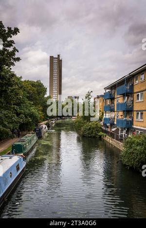 Grand Union Canal at Westbourne Park and Trellick Tower in distance, London, England, UK Stock Photo