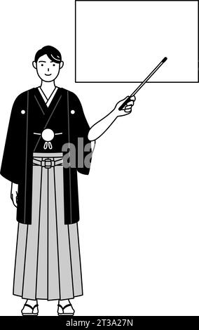 Man wearing Hakama with crest pointing at a whiteboard with an ...