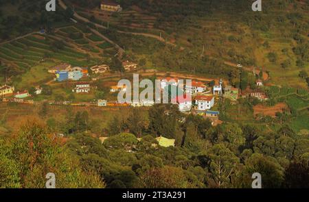 beautiful birds eye view of the outskirts of kodaikanal hill station and palani mountain foothills, tamil nadu in south india Stock Photo