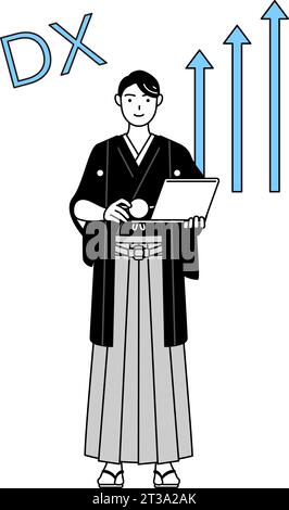 Man wearing Hakama with crest who is pleased to see a bankbook, Vector ...