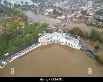 Tuesday 24th October 2023 – UK Weather - Flooding at Worcestershire's New Road cricket ground in the city of Worcester as the River Severn peaks following the recent heavy rainfall during Storm Babet - Steven May / Alamy Live News Stock Photo