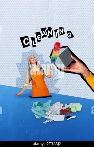 Composite collage image of funny elderly female washing cleaning hand hold cube service maid clear tidy up trash magazine sketch advert Stock Photo