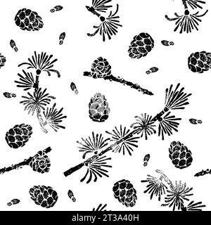 Larch seamless pattern isolated on white. Larix decidua branch, cone, seed. Hand drawn vector botanical illustration Stock Vector